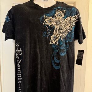 Rue21 Raw State T-shirt, Size L, black/white/blue Cross Graphic Design.